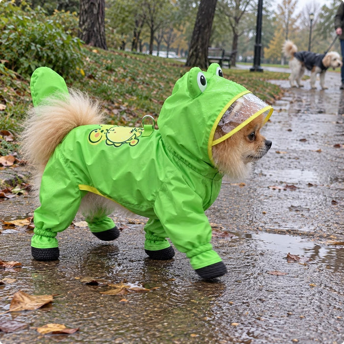 Pomeranian in the Frog Raincoat in the park