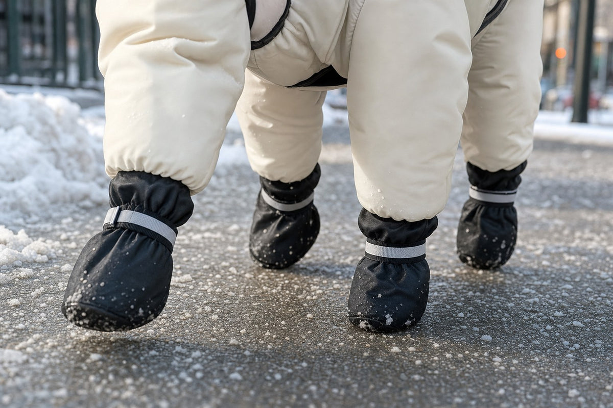 Attached booties protect paw pads from ice and salt