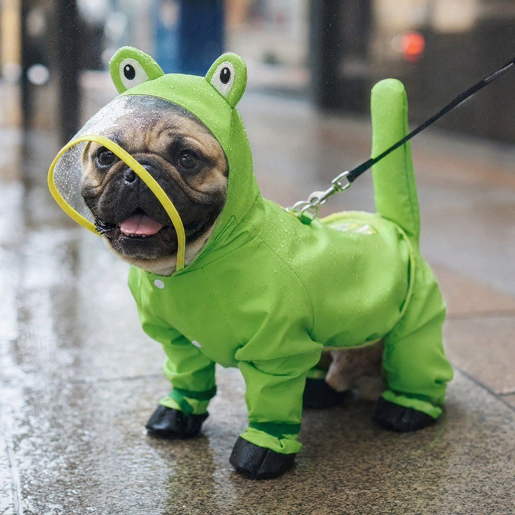 French Bulldog in the Frog Raincoat on a rainy street