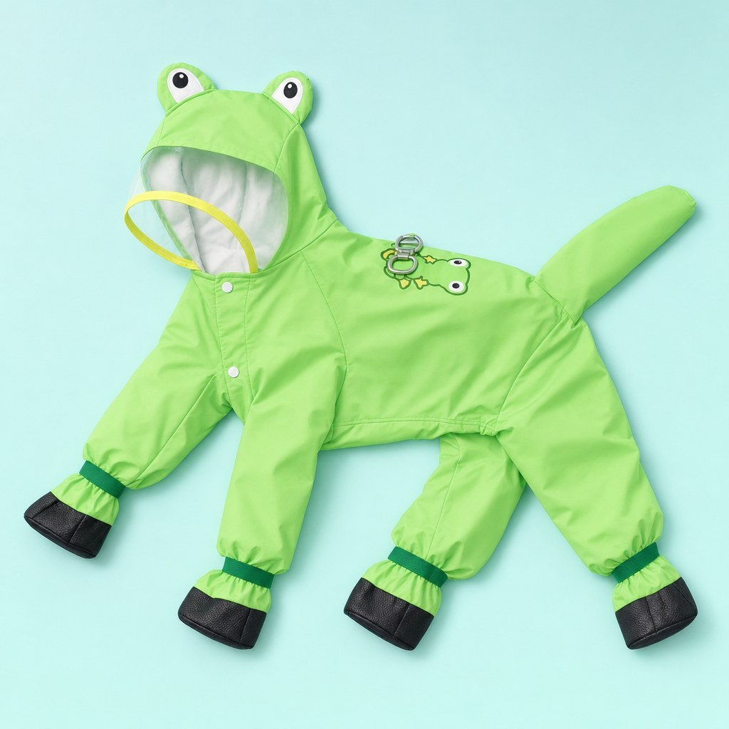 Frog Raincoat laid flat with hood and four booties