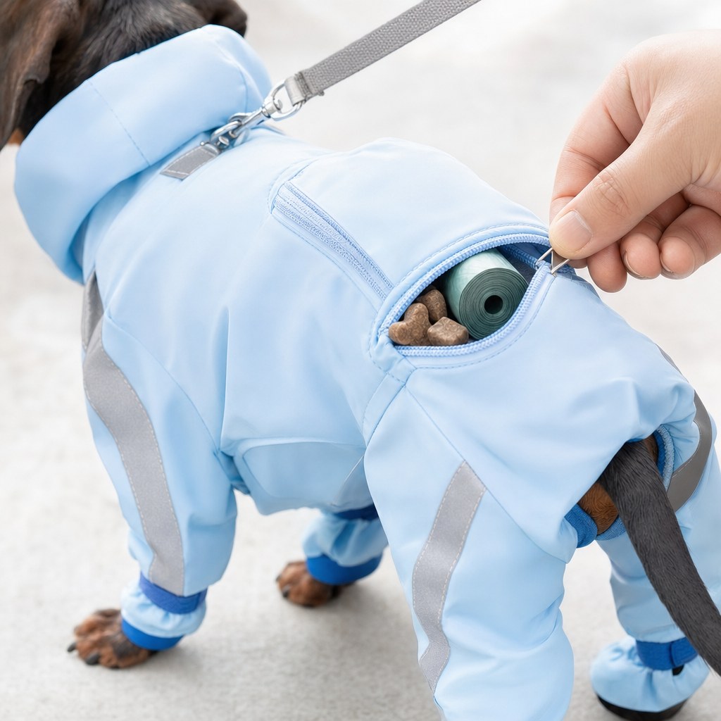 Zip pocket on the back with poop bags and treats