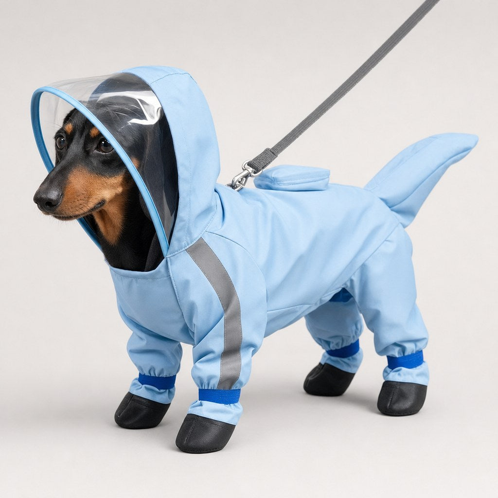 Dachshund in the Blue Reflective Raincoat