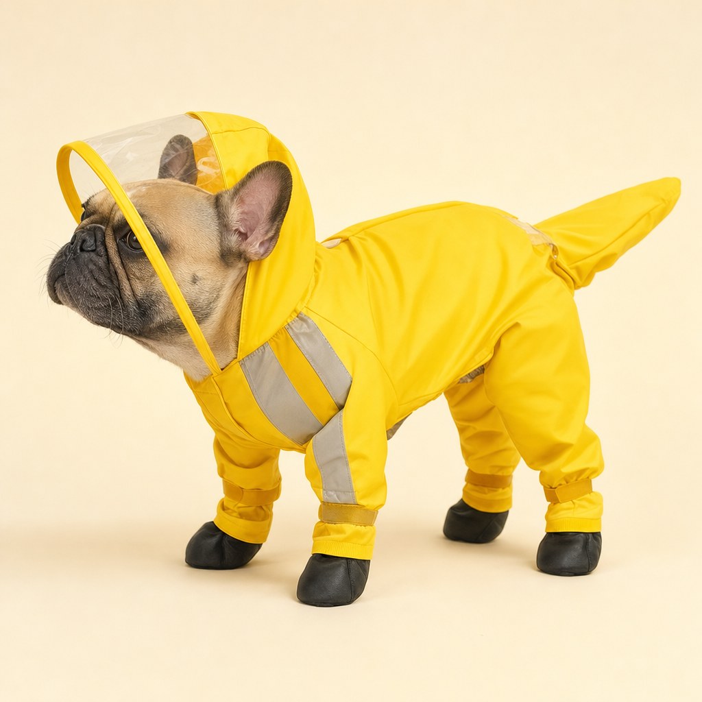 French Bulldog in the Yellow Reflective Raincoat