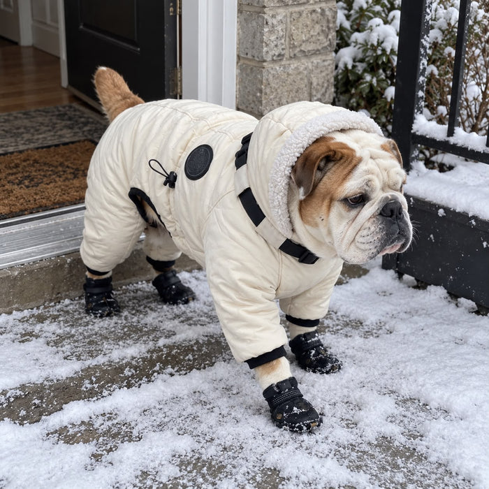 English Bulldog in the Snow Suit at the door
