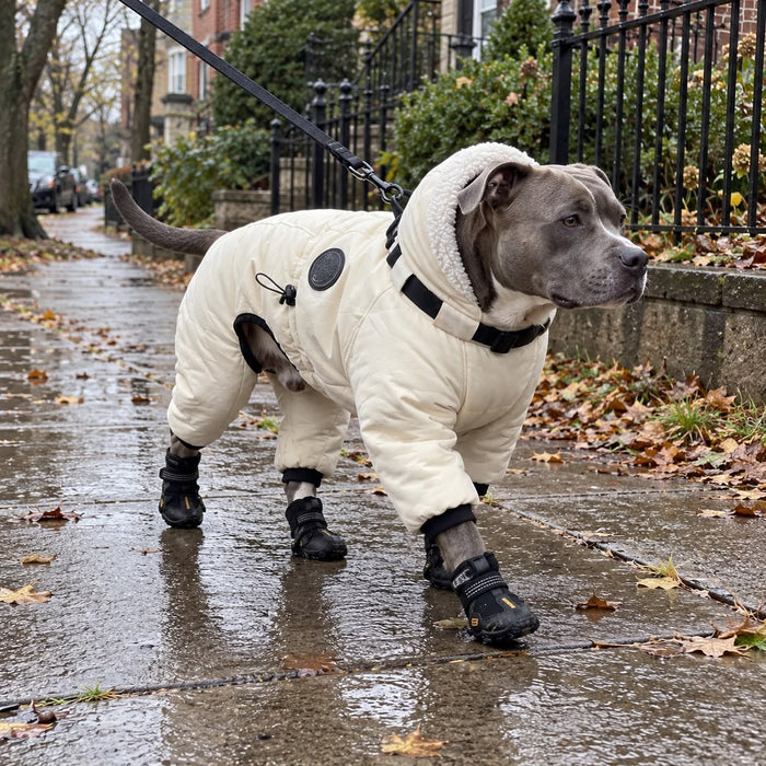 American Staffordshire in the Snow Suit on a wet street