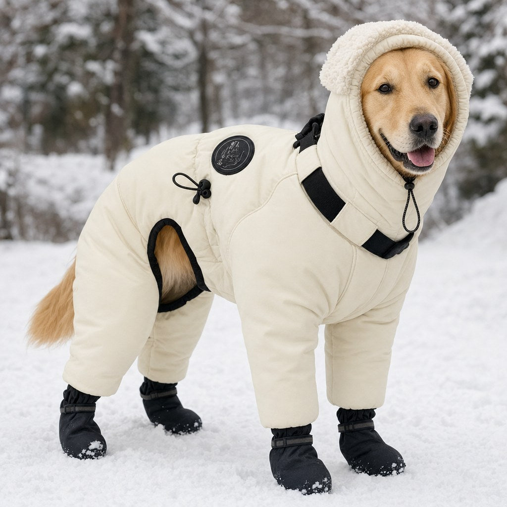 Golden Retriever wearing the cream Snow Suit