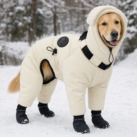 Golden Retriever wearing the cream Snow Suit