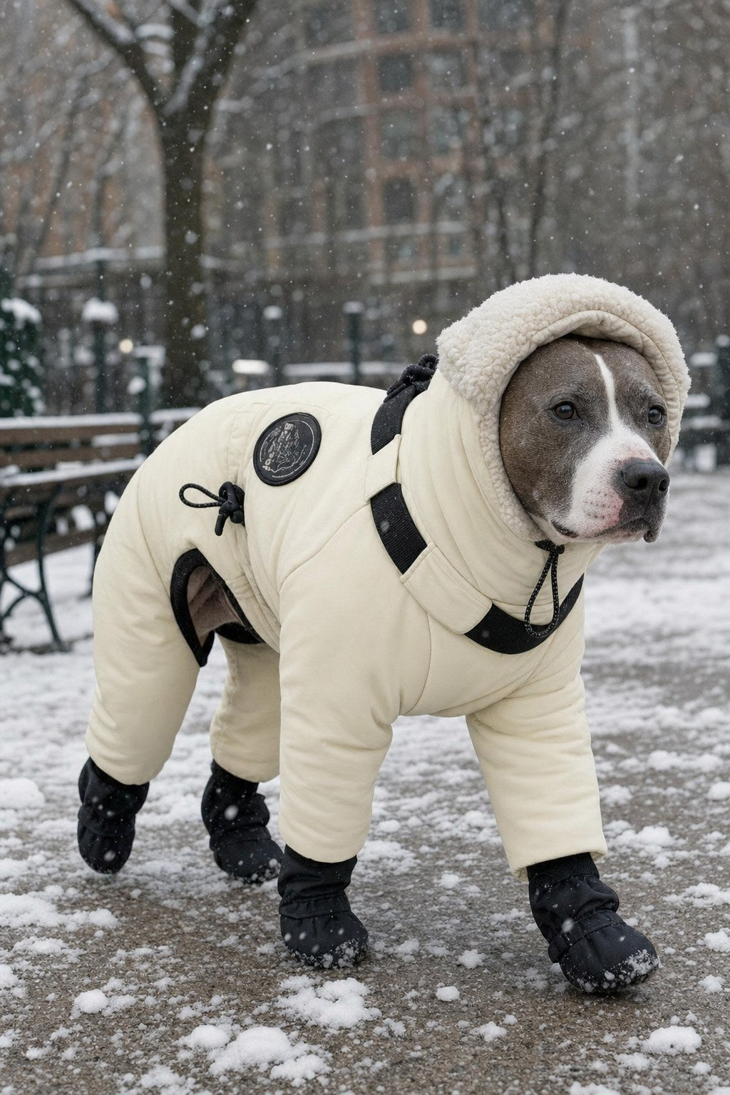 American Staffordshire walking in the Snow Suit