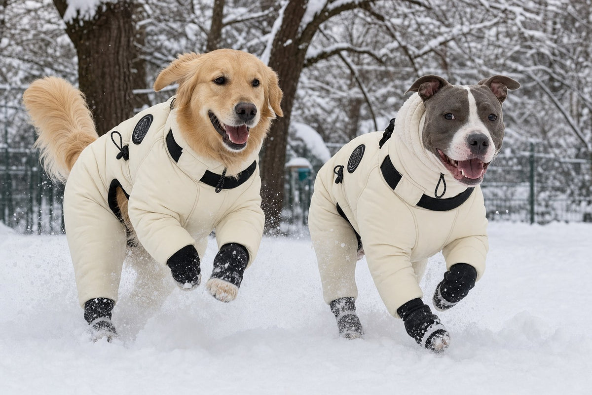 Two big dogs playing in the snow in Snow Suits
