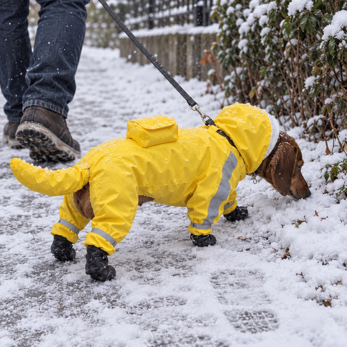 Dachshund in the Yellow Reflective Raincoat in the snow